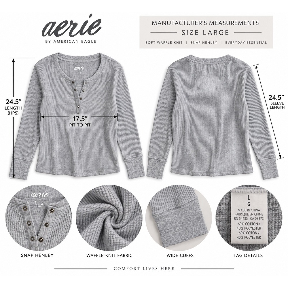Aerie Waffle Knit Henley Top Large Gray Long Sleeve Snap Front Thermal
Casual - Picture 2 of 7